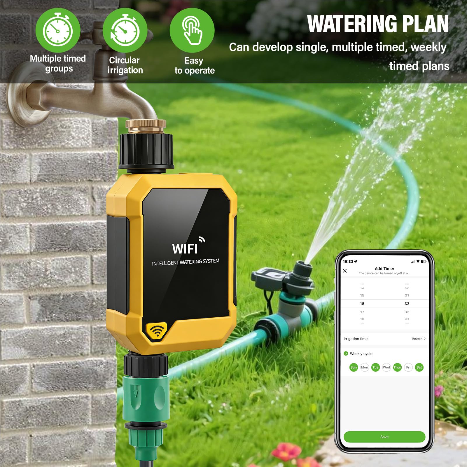 Naroote Temporizador de Riego WiFi Inteligente Temporizador de Riego Controlado por Aplicación 12 a 15,6 L por Minuto Sensor de Lluvia 33,8 a 140 °F Al Aire Libre para Jardín, Césped,