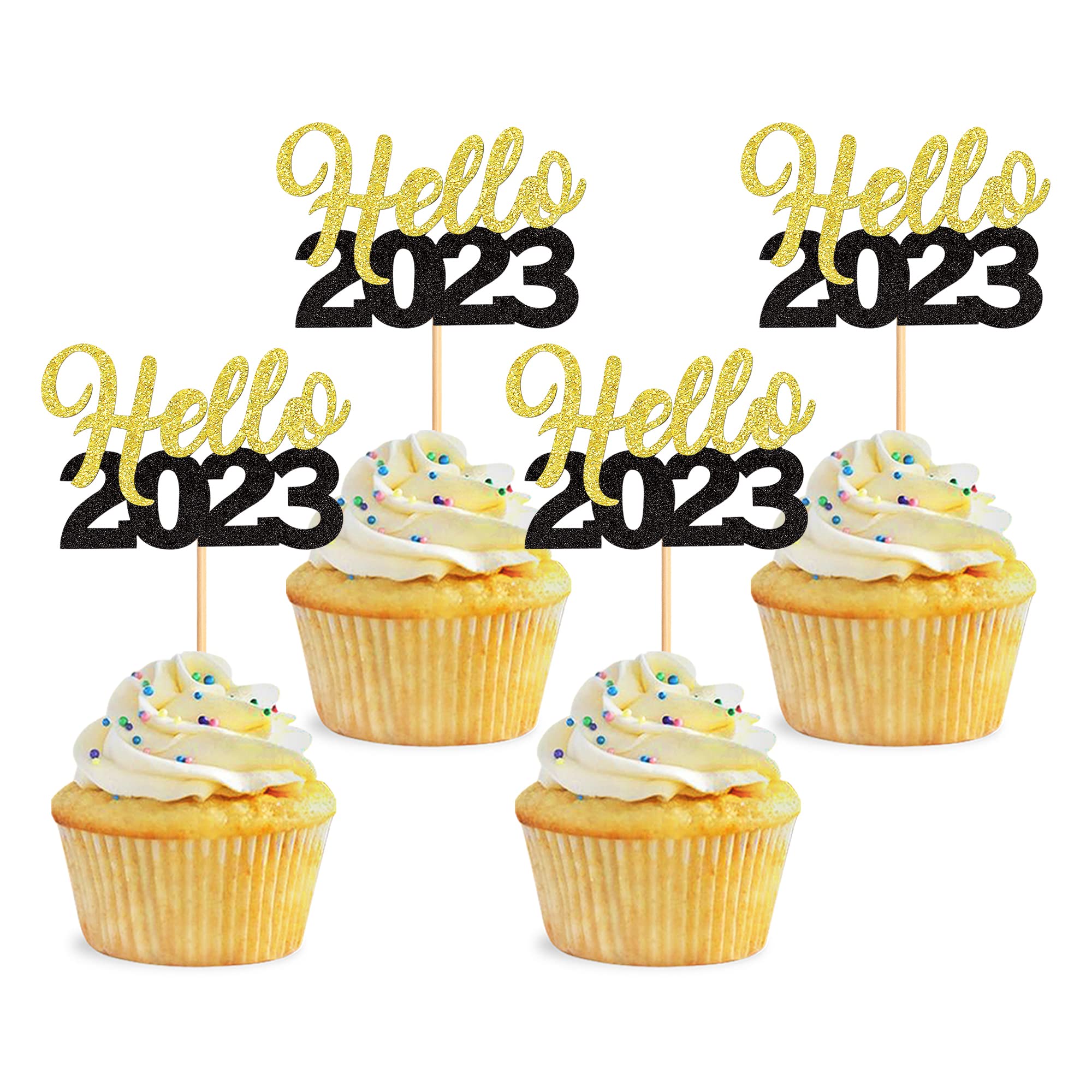 30 Pcs Glitter Happy New Year Cupcake Toppers 2023 Gold Black Cupcake topper Cheers to 2023 Cake Picks for New Years Eve Party Decoration (Hello)