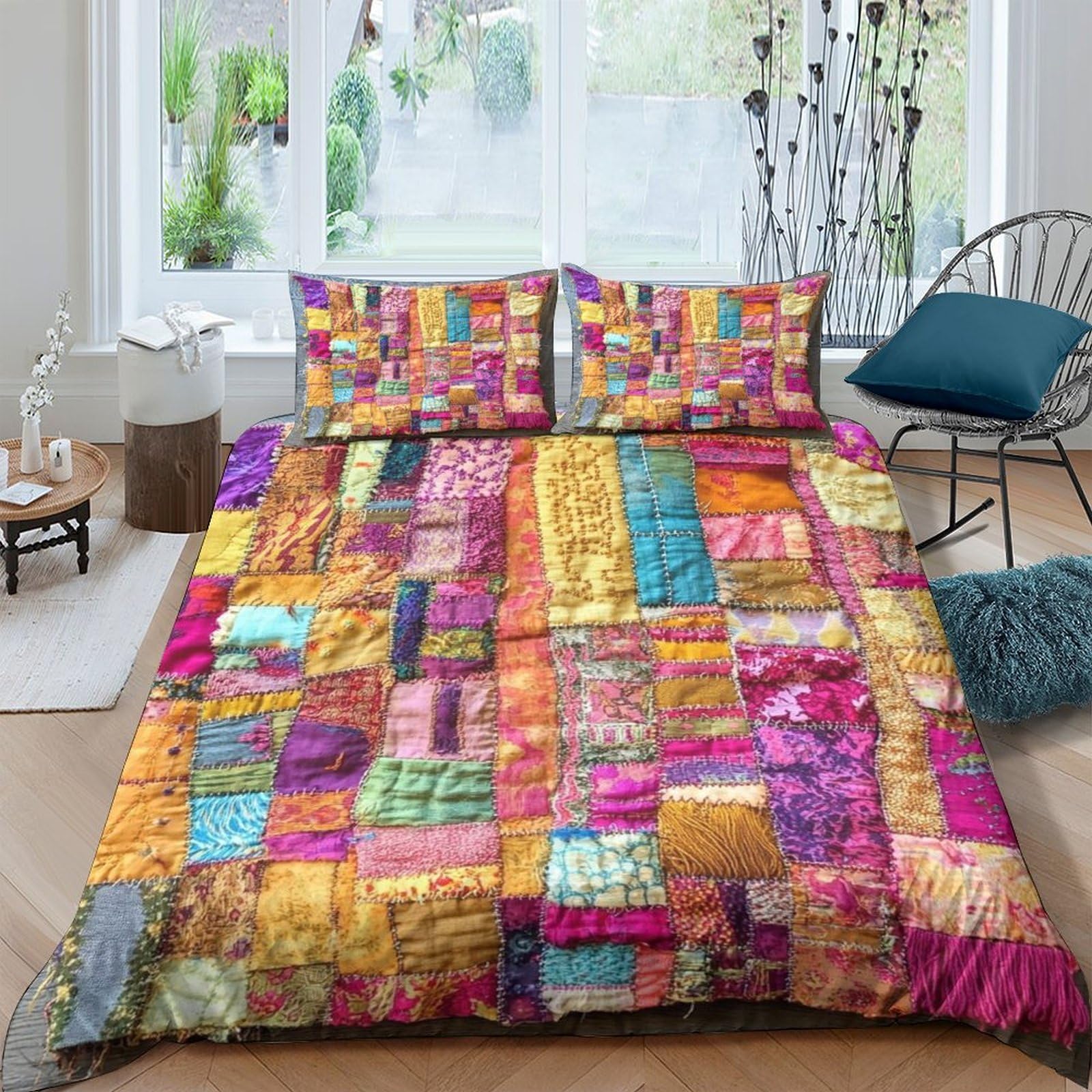 Ctjqhvkz Style-10 3D Printed Boho Patchwork Fitted Sheet Microfiber Vibrant Colorful Quilt Pattern Mattress Cover For Bedroom Guest Room Decor Single（135X200cm）
