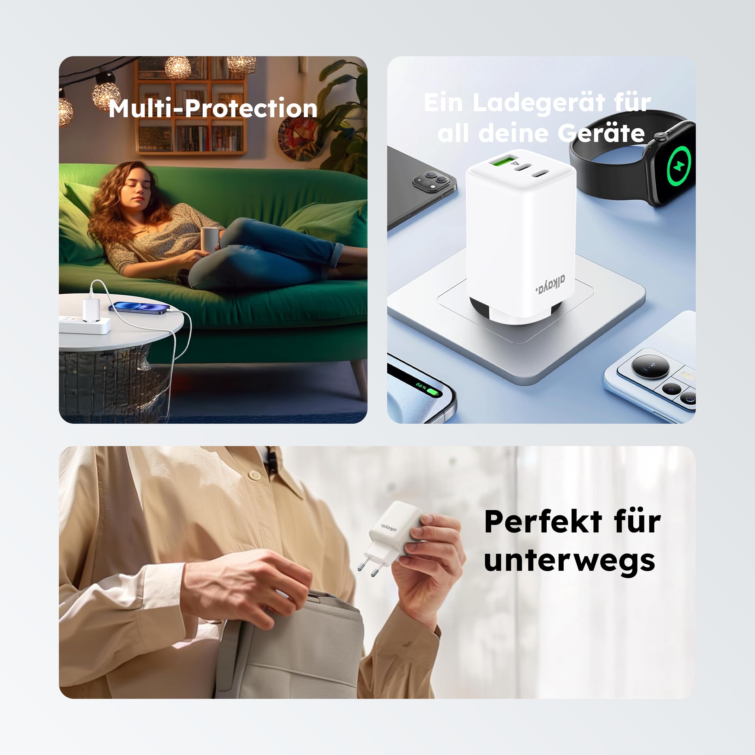 USB-C+C+A, caricabatterie rapido Apple, Samsung, Xiaomi, Huawei, Sony, Google spina di ricarica a 3 porte, colore bianco
