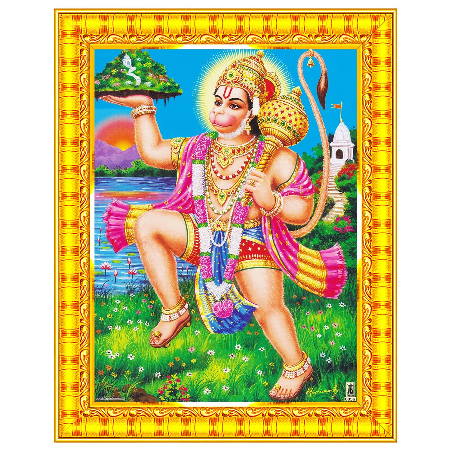 Pavan Photo Laminations Lord Hanuman Ji Hanumanji Jai Bajrangbali Wall Painting Framed Home Decor (Wood,Matte,Gold,Small Size,6 x 8 Inch) R770S