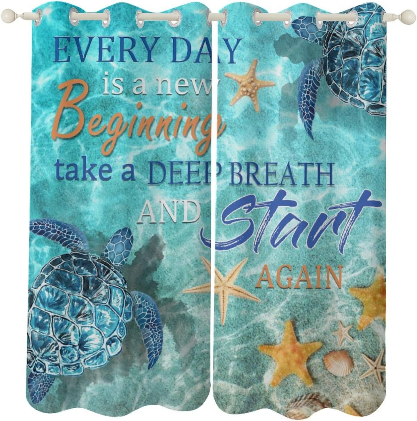 Sea Turtles Curtains for Living Room Decor, Summer Sunlight Beach Blue Ocean Print Wood Board Window Treatments, Inspirational Quotes Blackout Drapes for Bathroom Kitchen, 42x45inch (2 Panels)