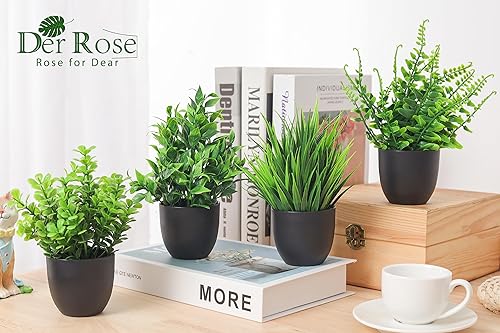 Miniatura 4 de Der Rose Paquete de 4 plantas falsas en maceta negra y suculentas falsas en macetas para baño, hogar, oficina, decoración de mesa para interiores