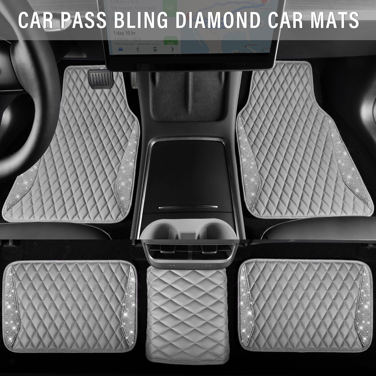 CAR PASS Bling Diamond Car Mats Gray Leather Floor Mats Sparkly Glitter Crystal Shining Rhinestone Carpet Anti-Slip Waterproof Pad Universal Fit for Automotive SUV Sedan Van 5pcs for Girl Women Gray - Image 4
