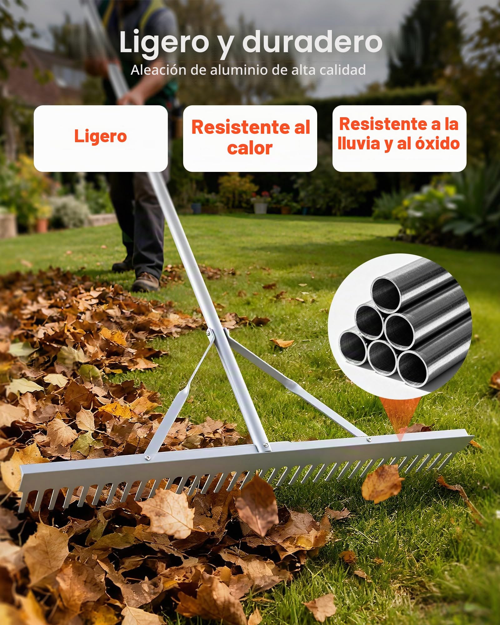 VEVOR Rastrillo de Aluminio, Cabezal de 914 mm, para Maleza y Paisajismo, para Aflojar la Tierra, Jardín y Patio, Grava de Estanques y Cuidado del Césped de Playa, con Cuerda, 3380 x 914 x 125 mm