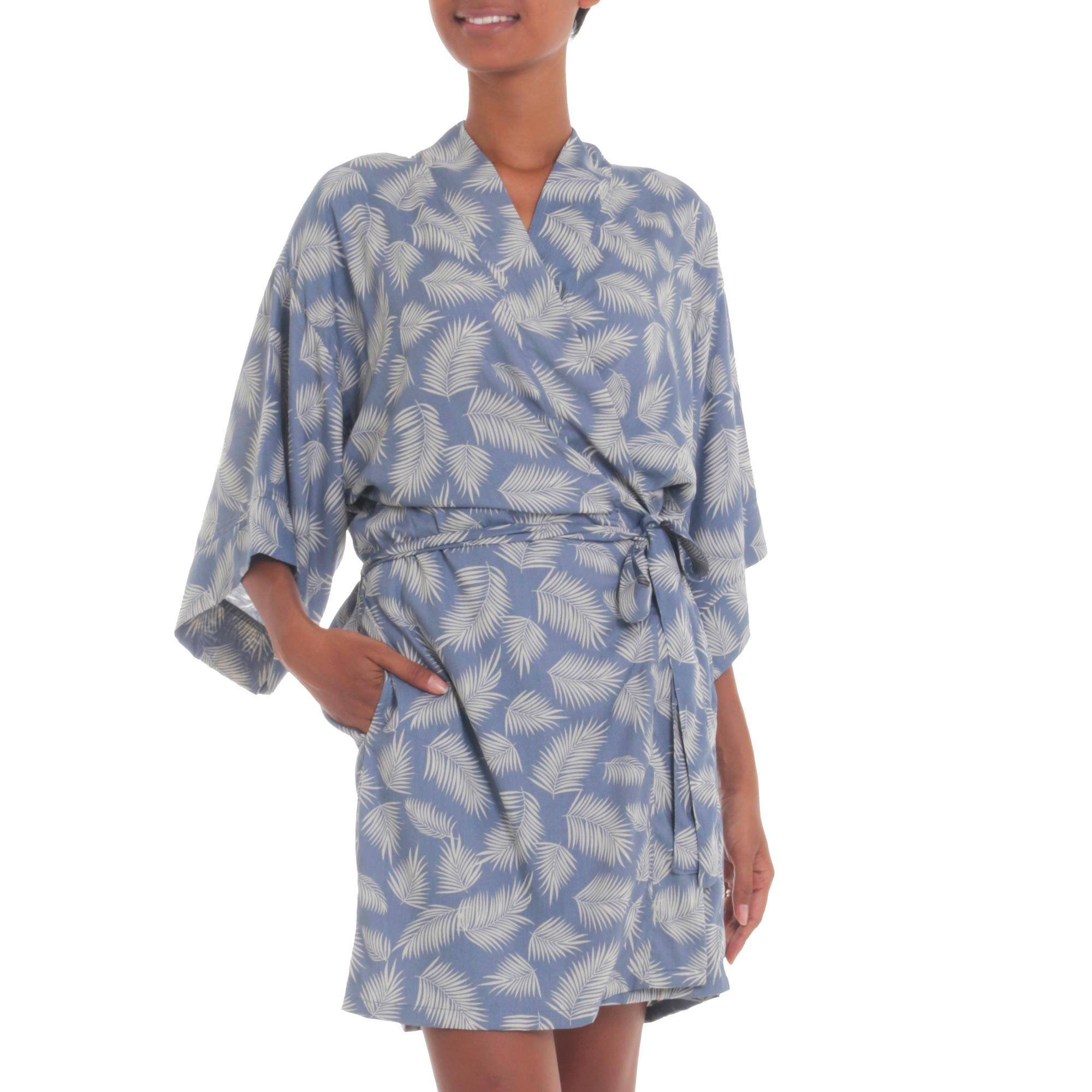 NOVICAArtisan Handmade Rayon Robe Ivory Cadet Blue from Bali Clothing Kimono Patterned Indonesia 'Windy Beach in Cadet Blue'