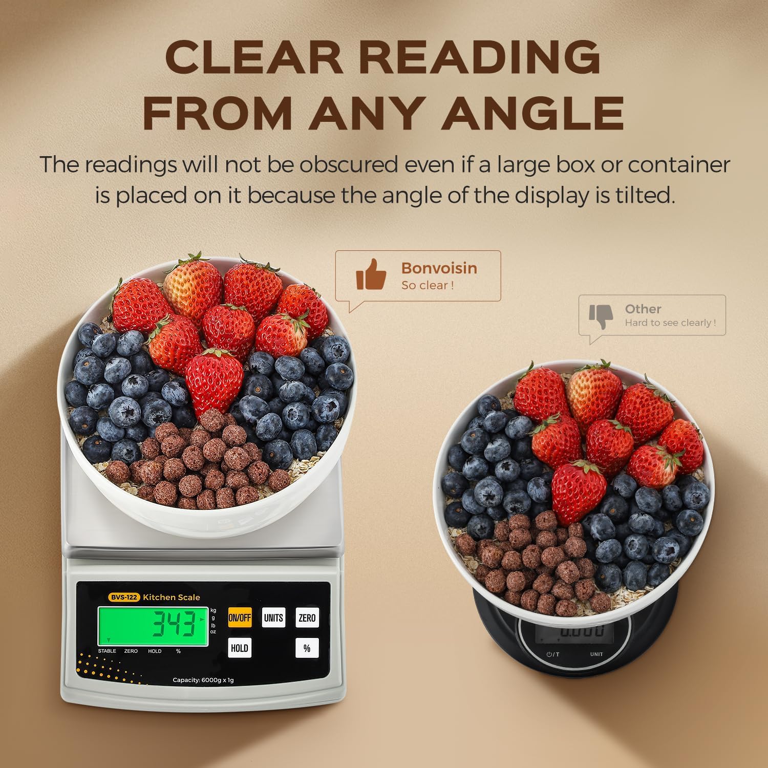 Bonvoisin 2 gr/ 6 kg Báscula de Cocina Digital - g/oz, Porcentaje y Tara | Plato de Acero Inoxidable, Alta Precisión Báscula Alimento para Cocinar, Postres, Velas y Jabones