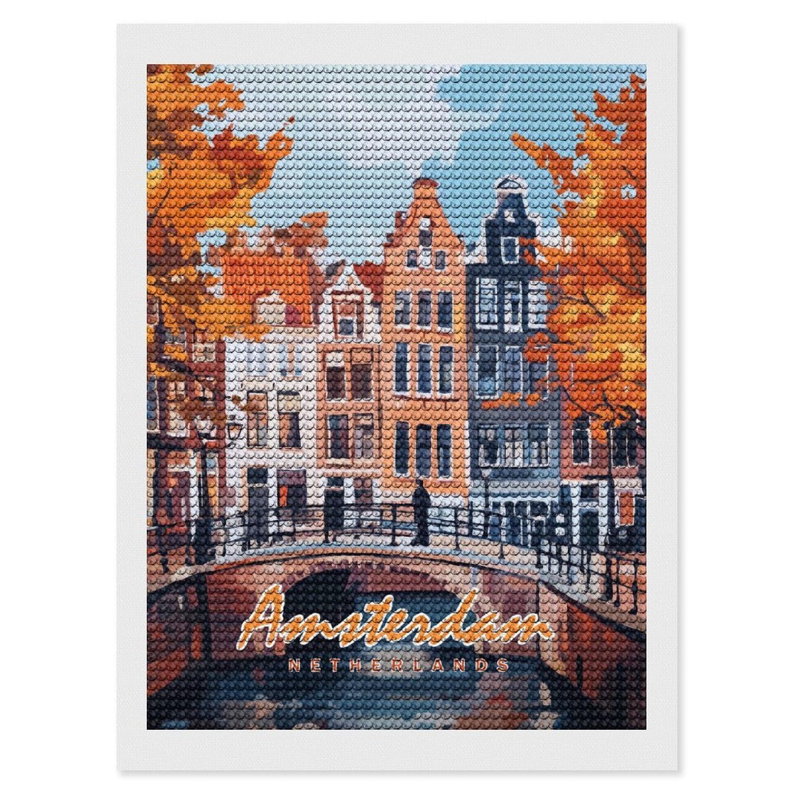 Junmoney Amsterdam Canal Painting Diamond Painting Canvas Kit 12"x16", Adhesive Canvas, Christmas Gift, Full Kit Included, Thoughtful Present