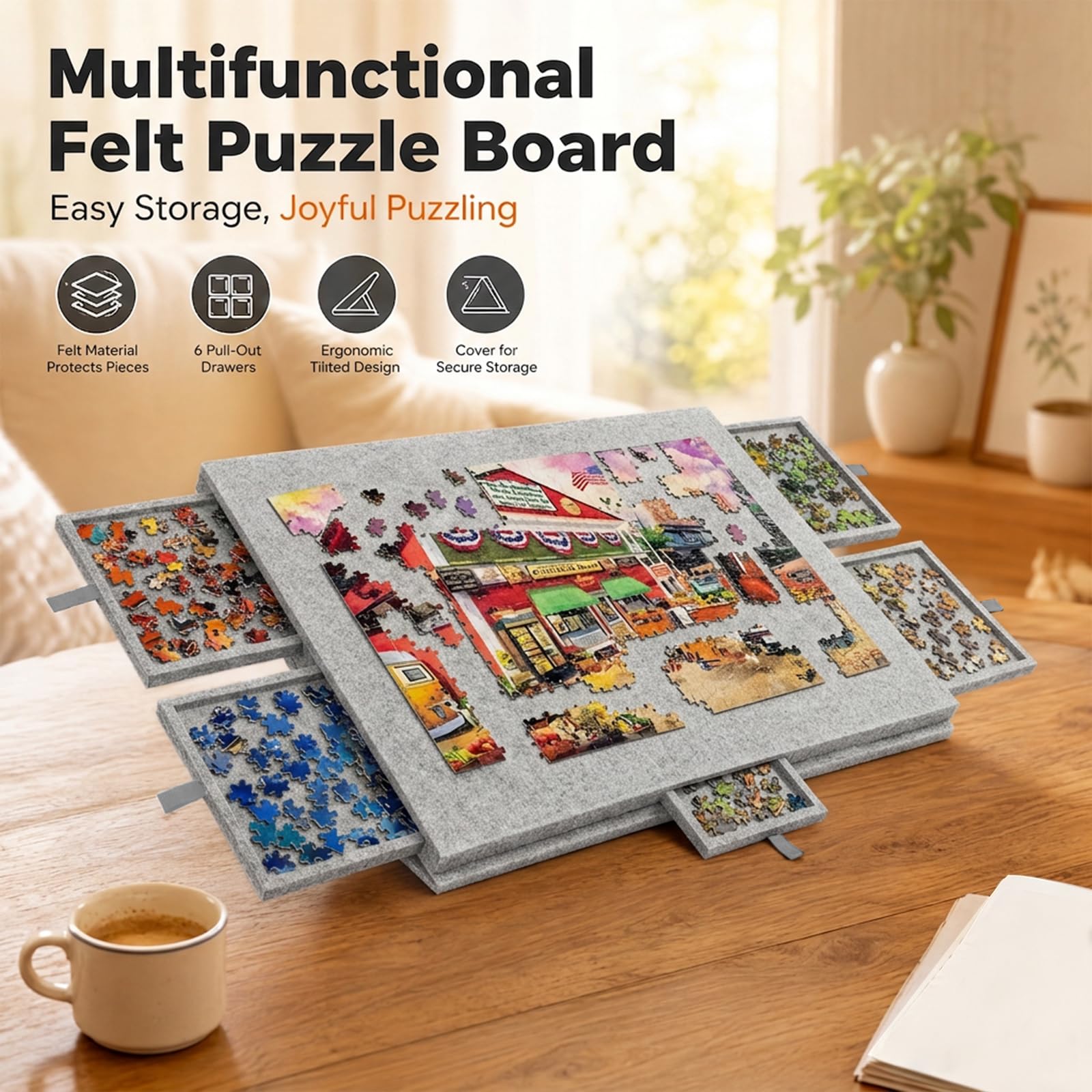 Deska do puzzli 2 w 1 na 1000 elementów z 6 szufladami, uchylny i składany stół do puzzli z filcu z pokrywą i stojakiem, przenośna teczka do przechowywania puzzli (srebrno-szara)