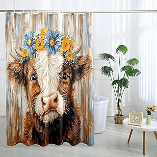 Cortina de ducha de vaca, diseño floral marrón, decoración de baño, cortina de ducha de tela impermeable rústica para primavera y verano, con ganchos, 72 x 72 pulgadas