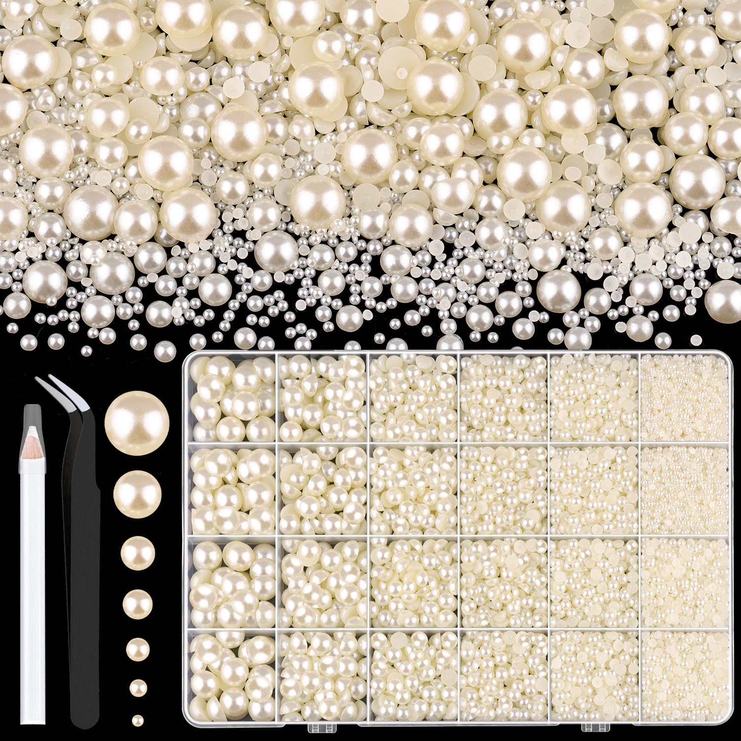 TINKRSTUFF11000Pcs Flatback Pearls for Crafting (Ivory White/Beige), Assorted Size 2/3/4/5/6/8/10mm Half Pearl, Bedazzling Bead for DIY Crafts Clothing Tumblers Mugs Shoes Fabric Embellishment Nail Art Makeup