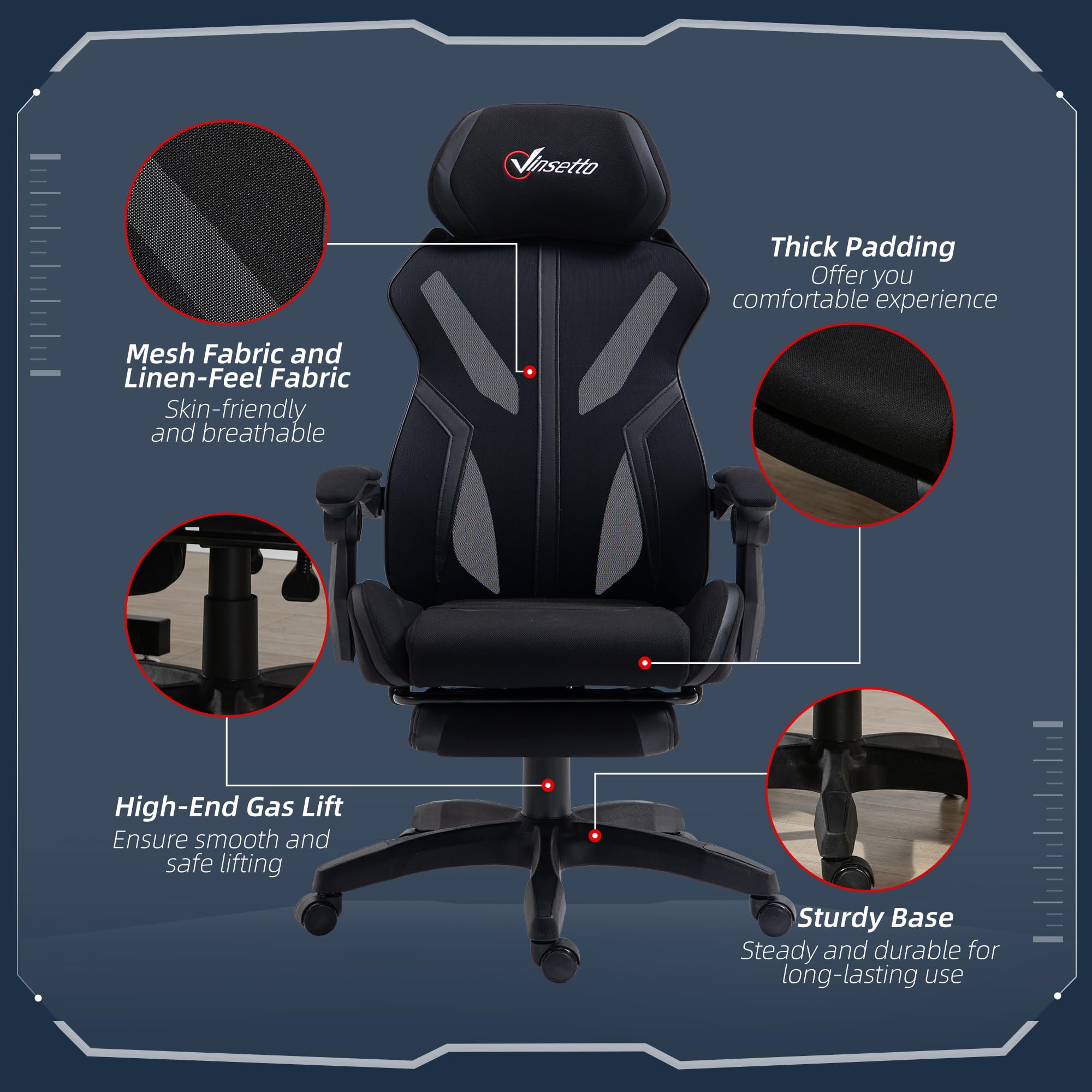 Vinsetto Silla Gaming con Reposapiés Retráctil 65x65x119-129 cm Negro | Silla de Oficina Giratoria Reclinable, con Reposacabezas, Altura Ajustable