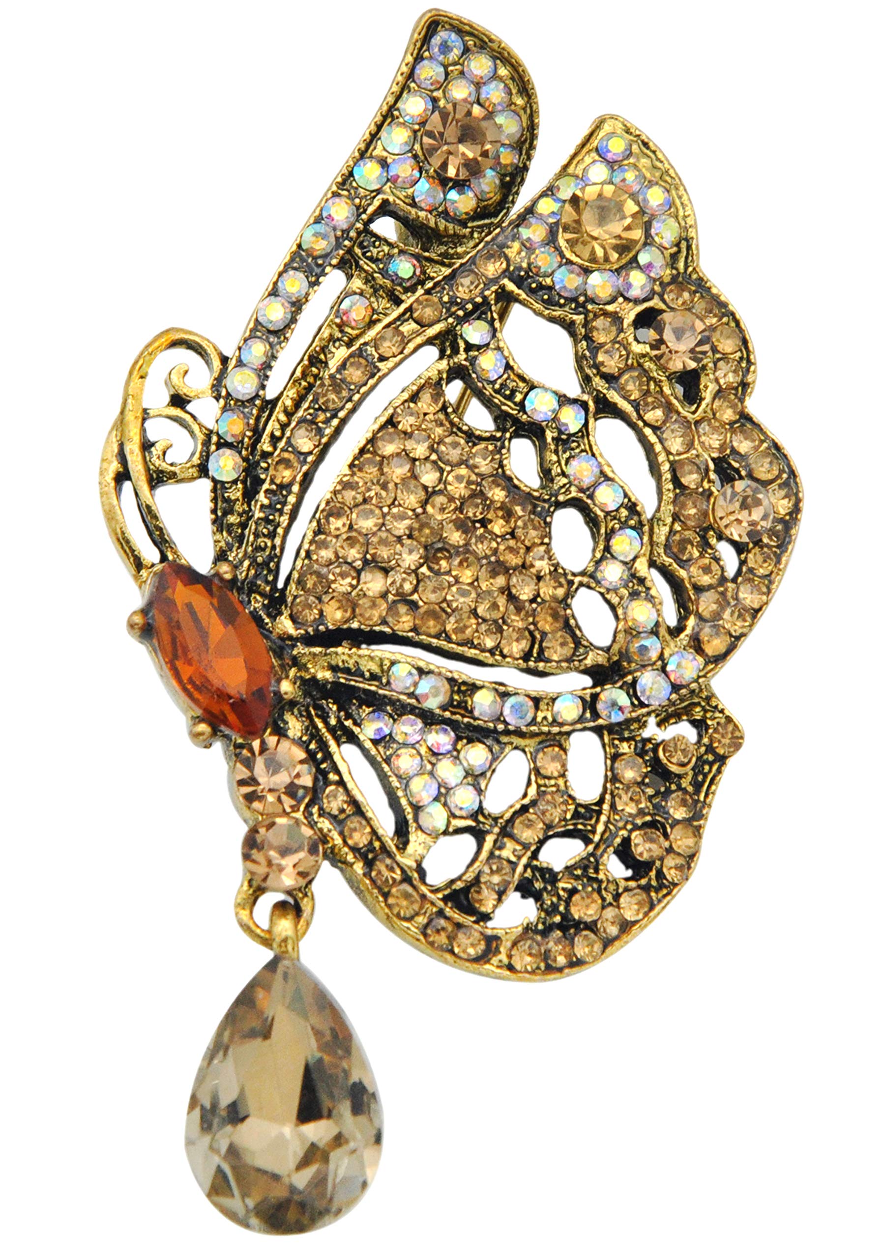Gyn&Joy Womens Vintage Crystal Rhinestones Drop Winged Butterfly Brooch Pin