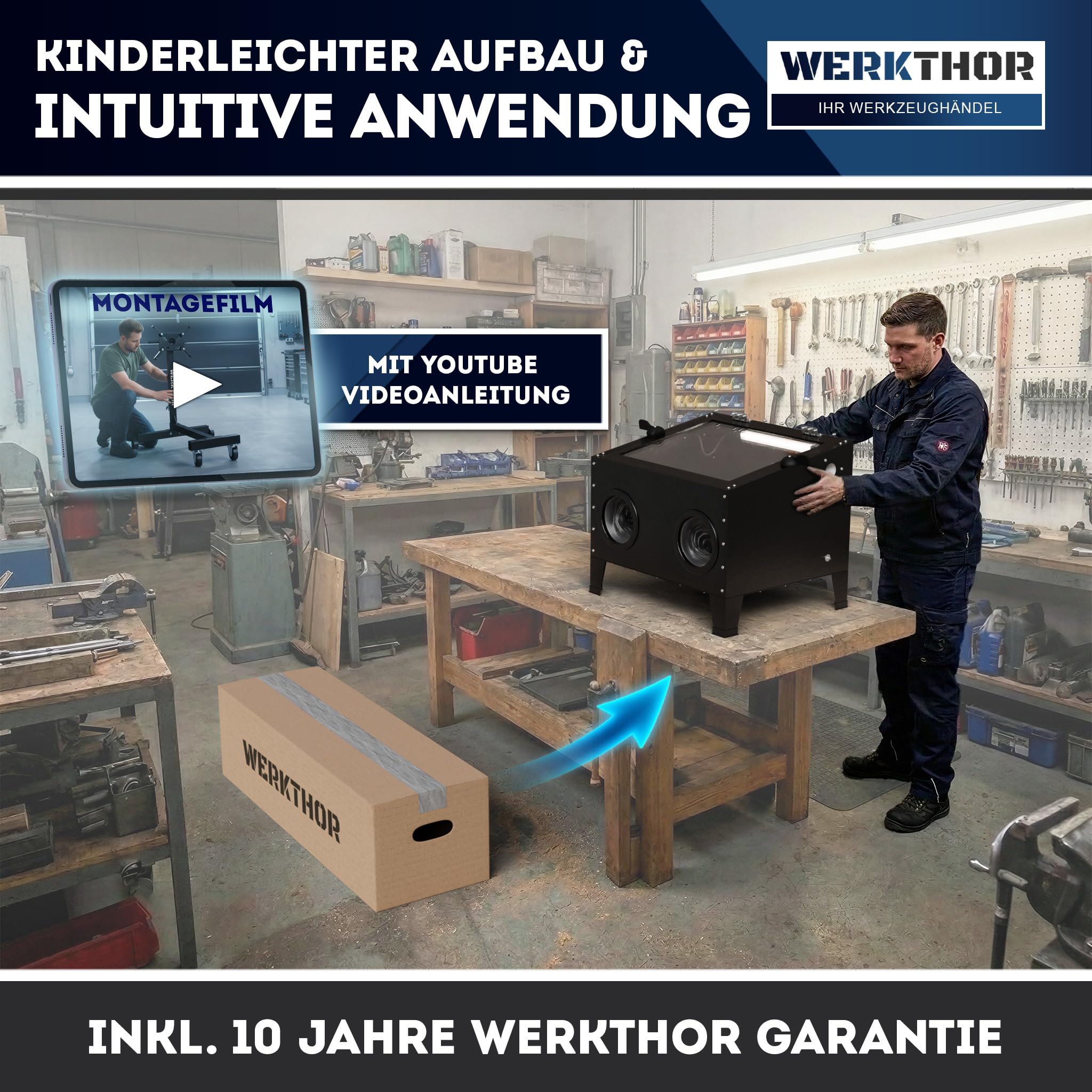 Werkthor Sandstrahlkabine 90 Liter - Sandstrahlgerät für Holz & Metall mit Strahlpistole & 4 Keramikdüsen - Sandstrahler zur Aufbereitung - 25 Gallonen