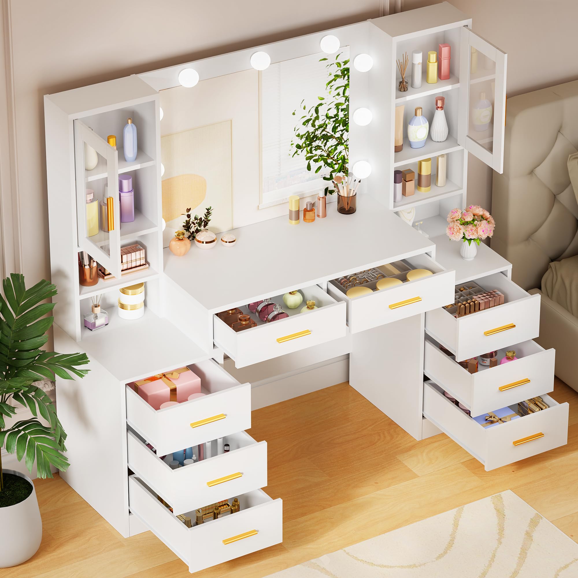 BEWISHOME Grande Toeletta Trucco con Luci LED, luminosità Regolabile, Toletta da Trucco con Specchio, Postazione Trucco con 8 Cassetti, Toeletta con Ripiani Aperti Moderno Bianco EFST37W