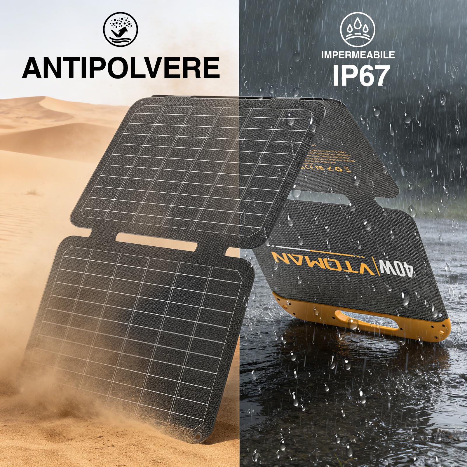 VTOMAN VS40 Portatile Pannello Solare da 40W, 13,9V, 25% Efficienza | Pieghevole Pannello Solare Impermeabile IP67 porte USB-A (Tipo C), PD30W, Leggero, Per Smartphone, Power bank