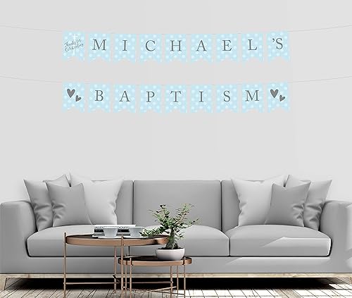 Miniatura 3 de Andaz Press Colección de bautismo de niño azul y gris, banderín colgante personalizado con cuerda, agradecimiento por celebrar el bautismo de
