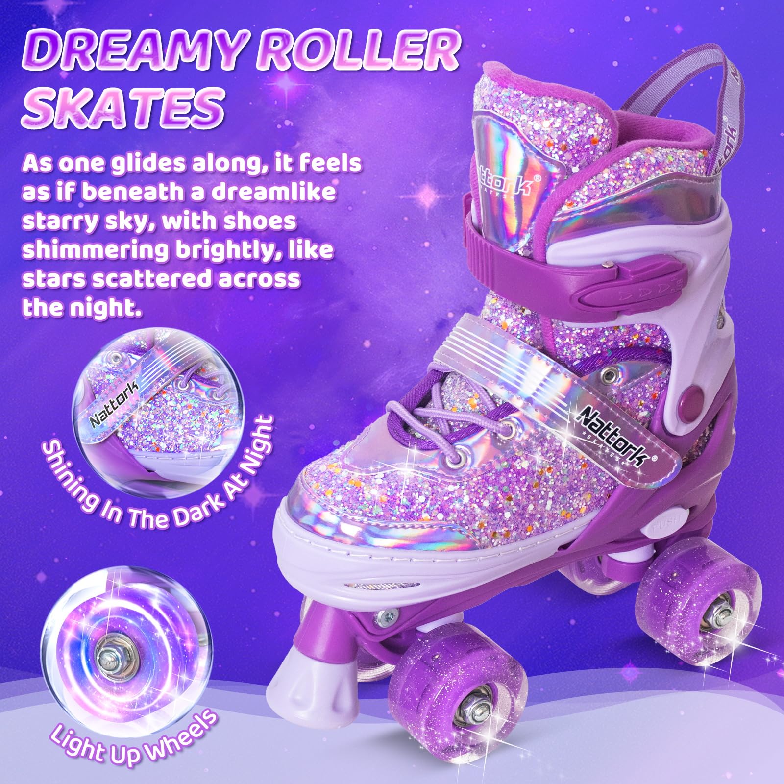Nattork Kids Roller Skates for Girls Boys Kids, 4 Sizes Adjustable Fluorescent Quad Skates with Light up Wheels & Safety Protection - Cool Birthday Gift for Indoor Outdoor Sports