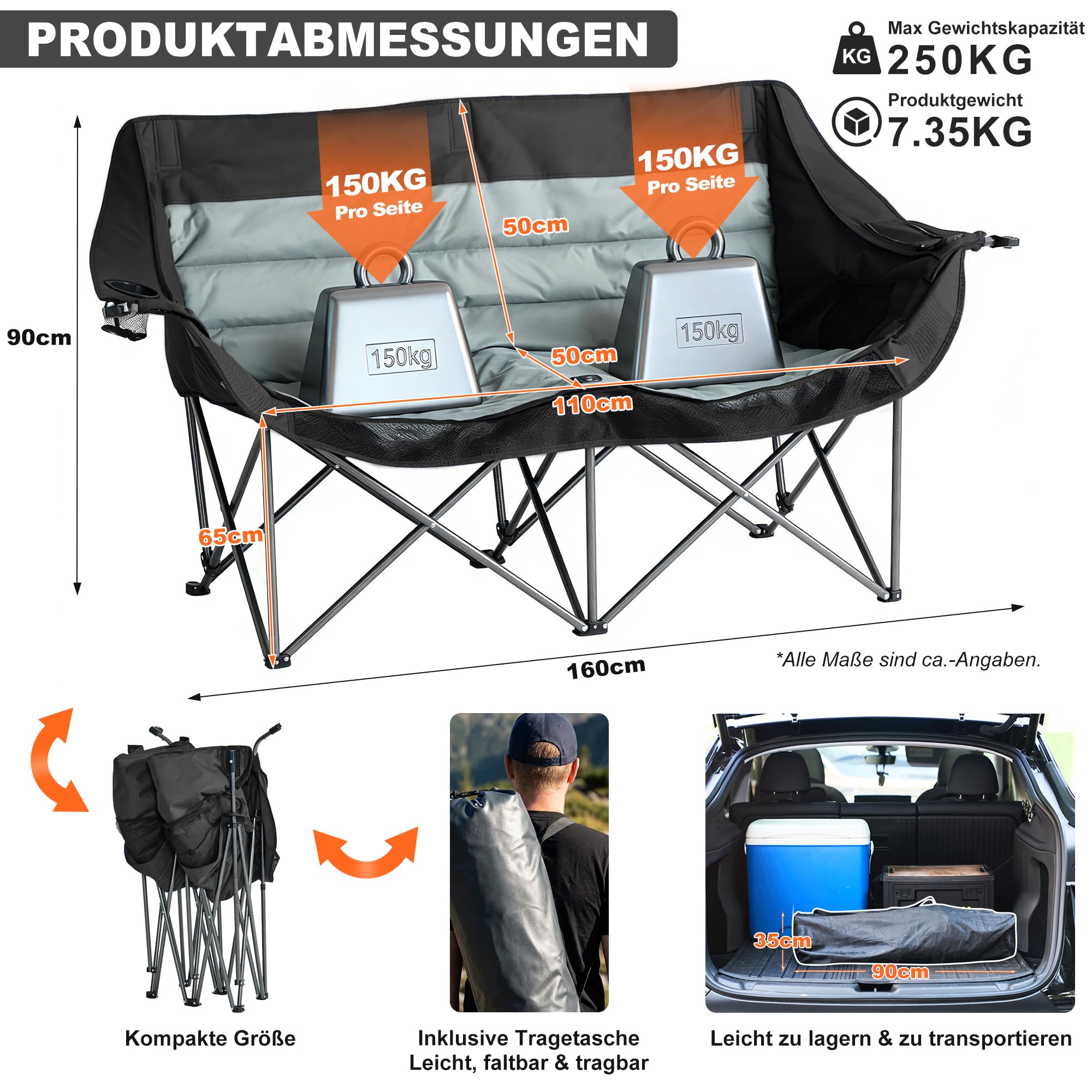 Coolfish Doppel Campingstuhl Faltbar, Klappstuhl Campingsofa für 2 Personen, Bequemes 2 Sitzer Camping Sofa mit Getränkehalter, Stabiler Outdoor Campingcouch Angelstuhl mit Kühltasche, Schwarz