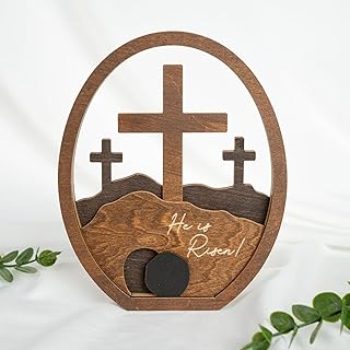 He is Risen Decor Wooden, Christian Resurrection Scene Empty Tomb, Christian Table Decorations Indoor, Catholic Cross Jesus Religious Easter Gifts Decor