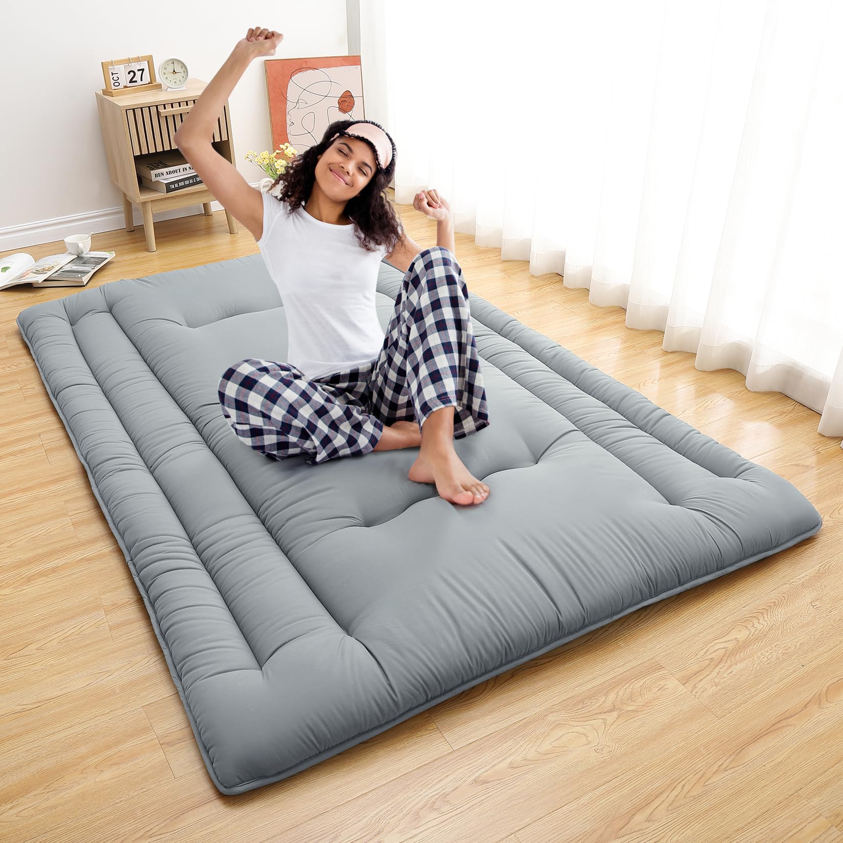 Full Size Futon Mattress, 7.5cm Foldable Sleeping Tatami Mattress for Adults, Roll Up Japanese Style Floor Bed, 3-Layer Foam Dormitory Floor Mattress for RV Travel Camping, Quilted Cover,Grey Double