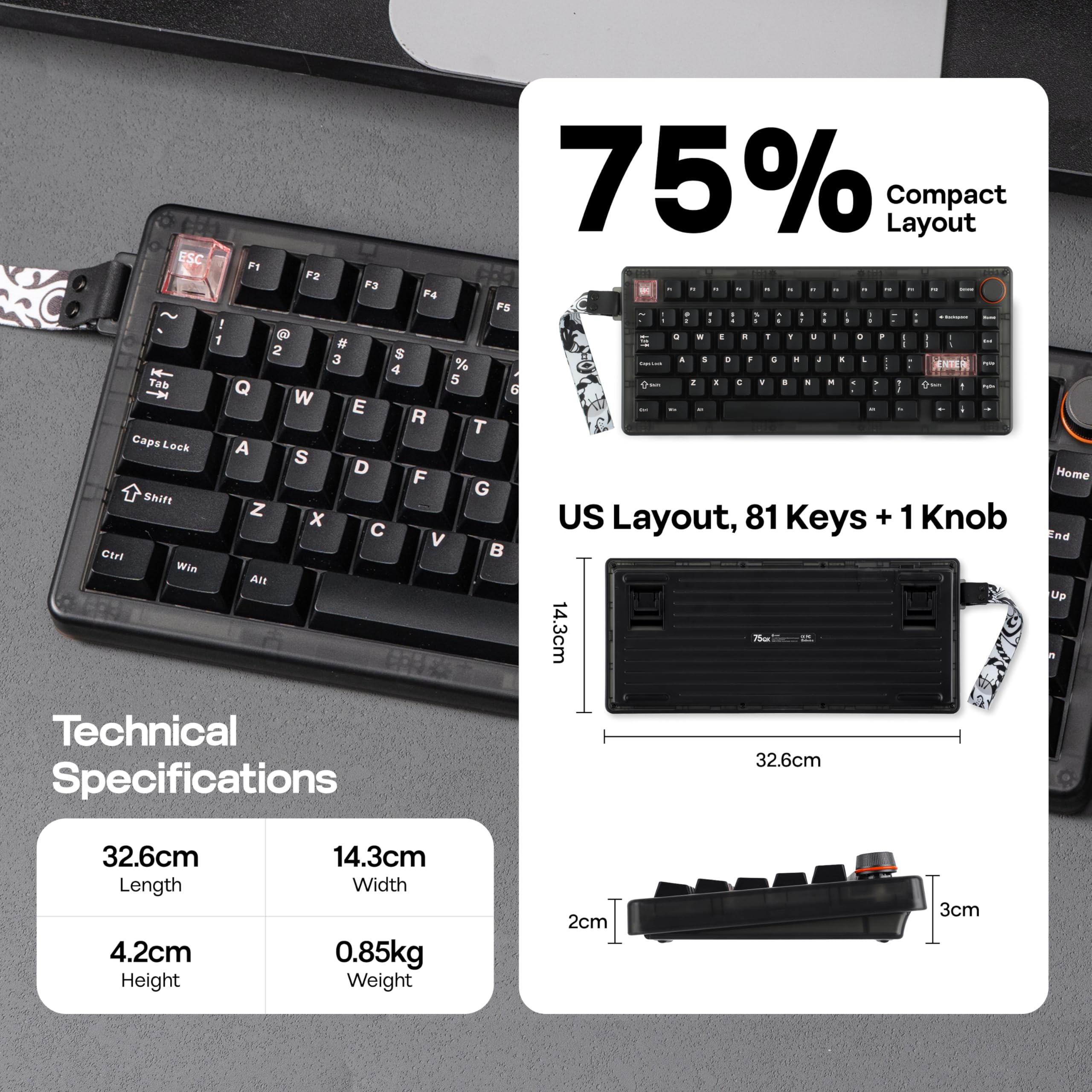 MechLands CIDOO QK75 VIA Tastiera Compatta Programmabile 75%, USB-C/BT5.0/2.4Ghz Wireless, Hot Swap Tastiera Meccanica Personalizzata con Guarnizione Montata, Piastra PC, Batteria 4000mAh per Win/Mac