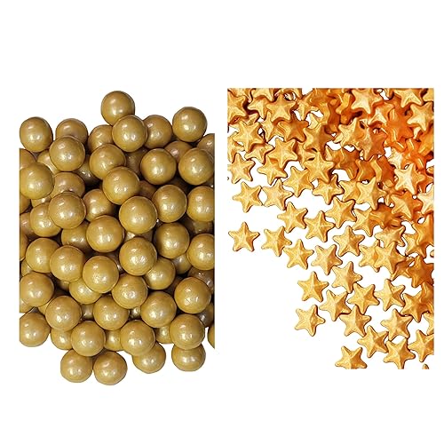 Estrellas de caramelo duro dorado de 1 libra + bolas de chicle de oro perla, 2 libras, redondas, brillantes