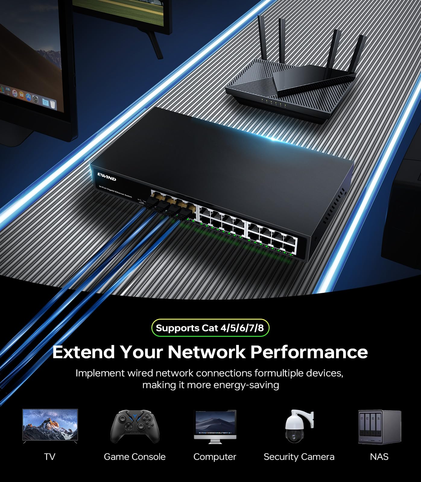 EWIND Commutateur Ethernet Gigabit 24 ports amélioré 2025 avec prévention des LED et des boucles, protection à vie, commutateur réseau non géré Plug & Play, silencieux sans ventilateur, répartiteur