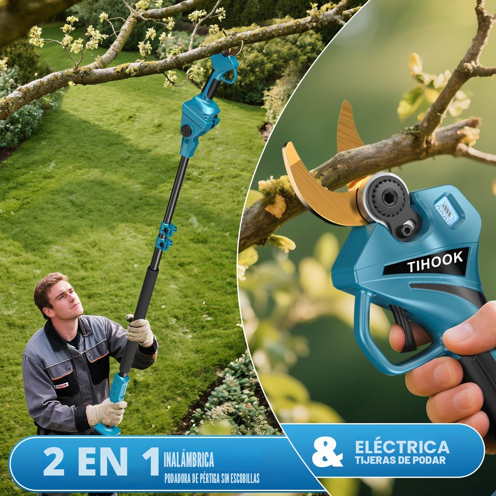 Tijeras de podar eléctricas 2 en 1 con Motor sin escobillas de 40 mm y pértiga de 2,5 m, Apertura máxima de 60 mm, para Makita BL-18V, Pantalla LCD, para podar árboles (sin batería)