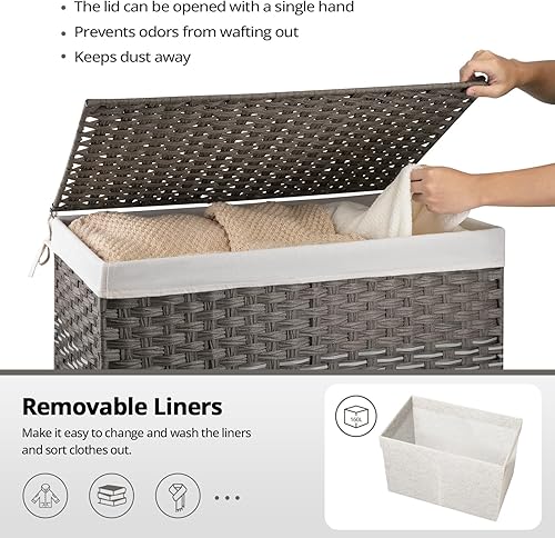Miniatura 3 de OIAHOMY Cesta de almacenamiento grande con tapa, cesta de manta de 42.3 galones (160 L) con bolsa extraíble con forro, cesta de mimbre con asa,