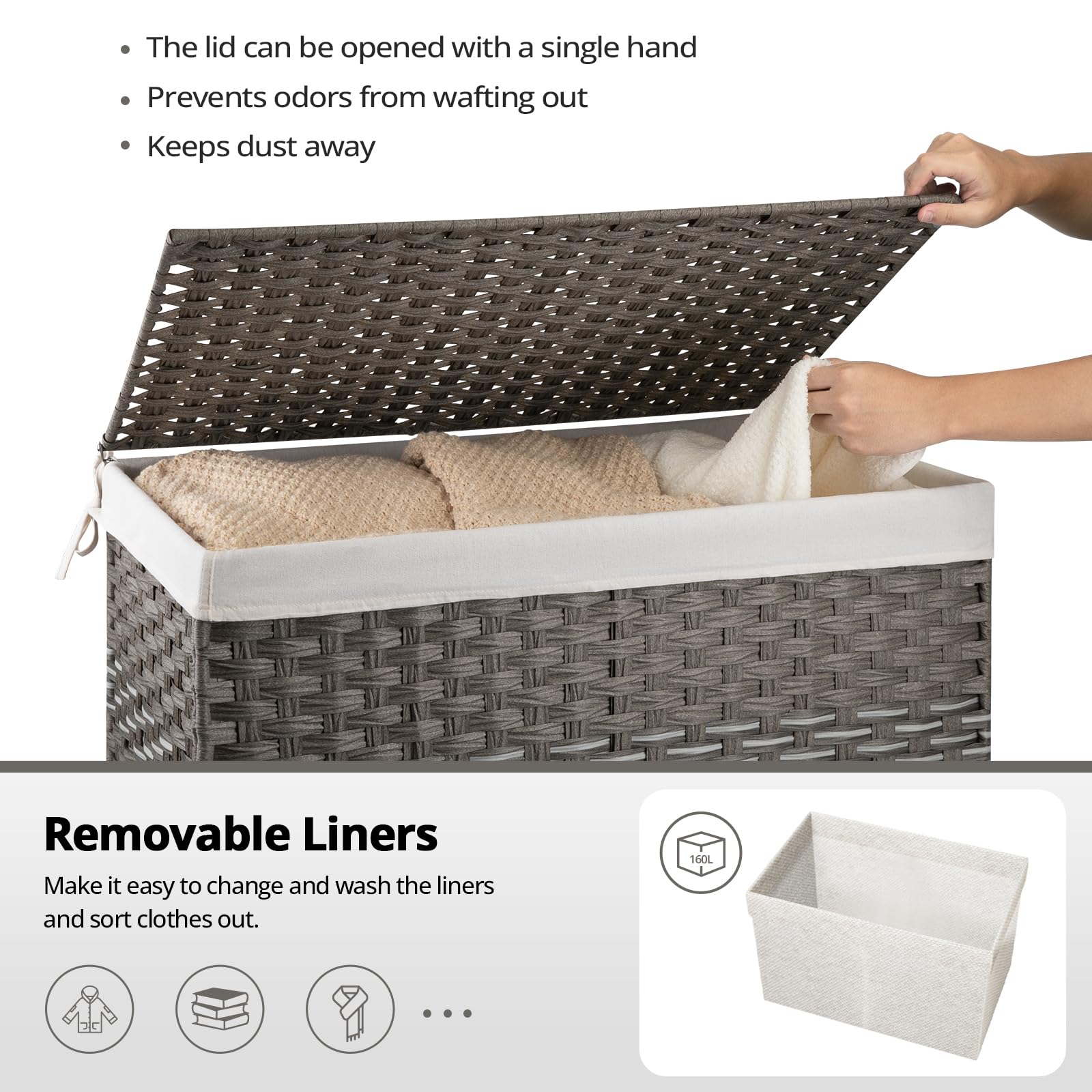 OIAHOMY Cesta de almacenamiento extragrande con tapa, cesta de manta de 42.3 galones con bolsa extraíble de forro extraíble, cesta de mimbre con asa, plegable, cesta tejida a mano para dormitorio,