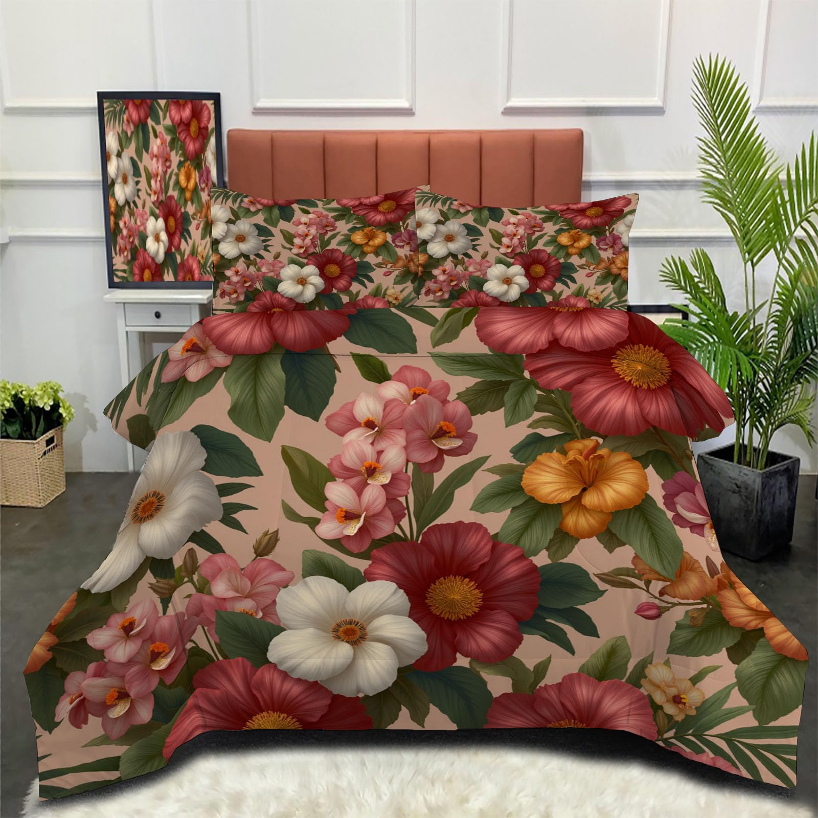 Couette 200 x 200 cm pour lit 2 personnes, couette chaude anti-froid motif plantes exotiques