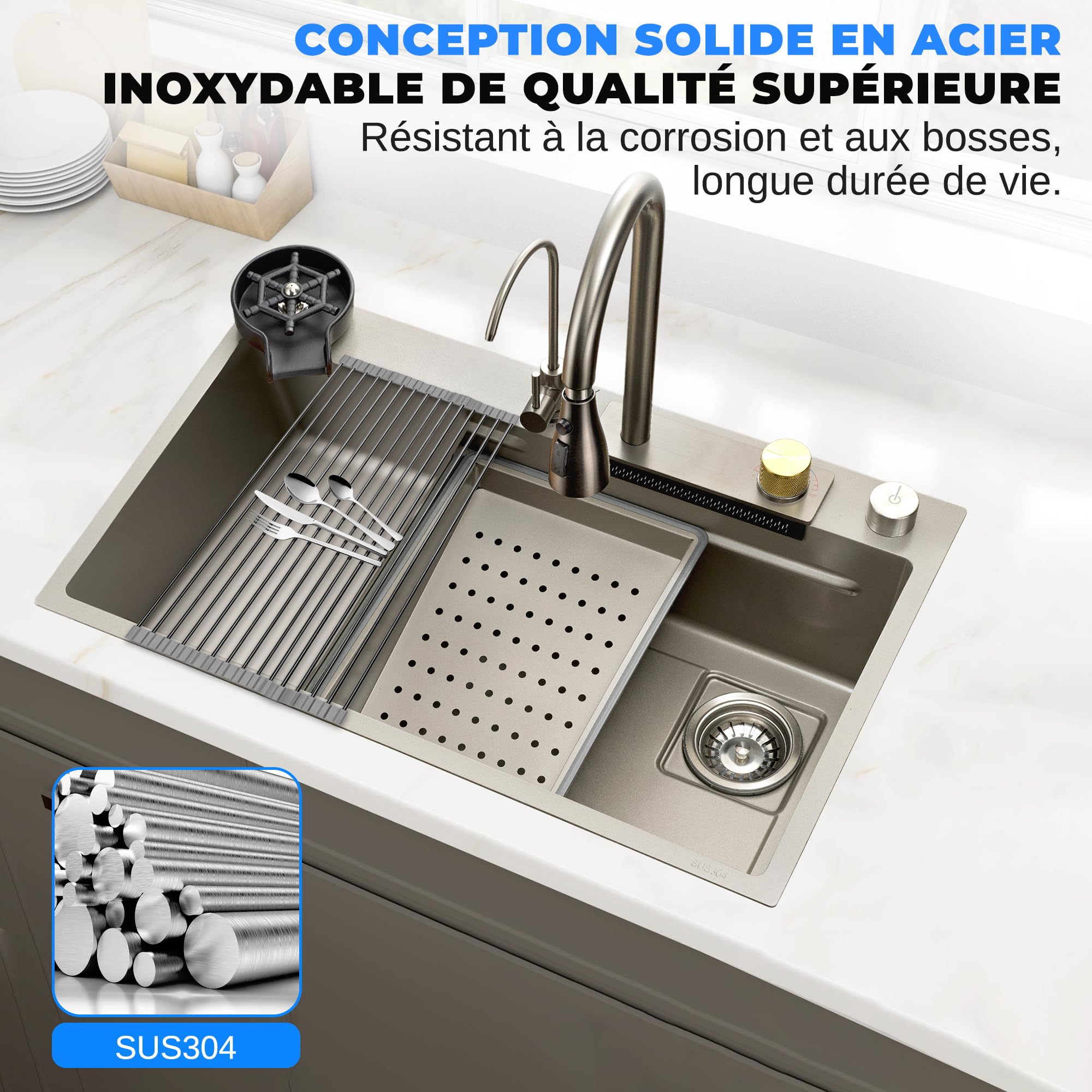 SereneLife Evier Cuisine 1 bac Inox 75 x 46 x 22cm – Evier Cuisine Multifonction avec Égouttoir – Lavabo Cuisine avec Cuve Profonde, Robinet et Lave-Tasses Intégrés, Planche à Découper, Design Moderne