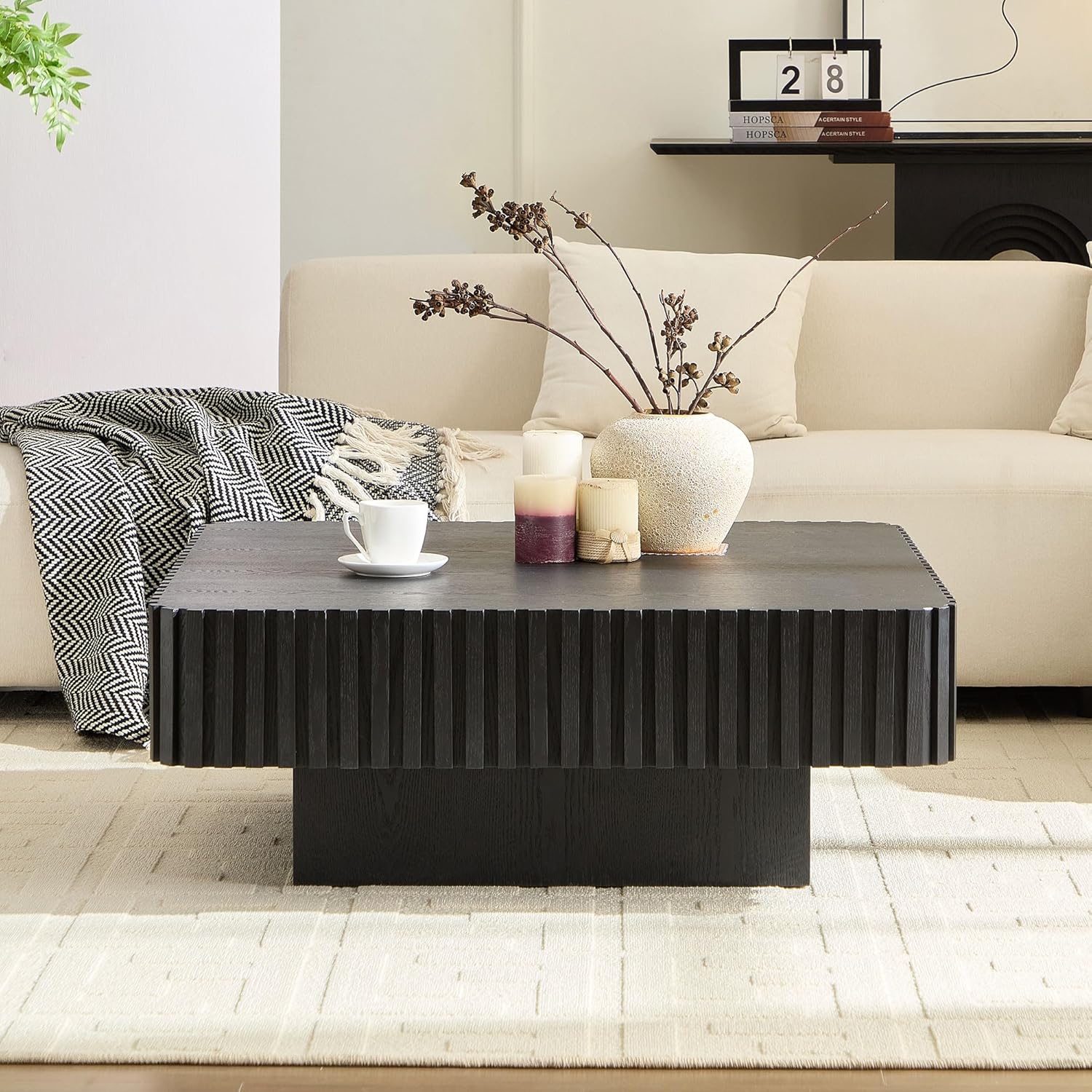 35.43" Modern Handcraft Drum Square Coffee Table for Living Room,Small Wooden SideTable with Sturdy MDF Pedesta, Black