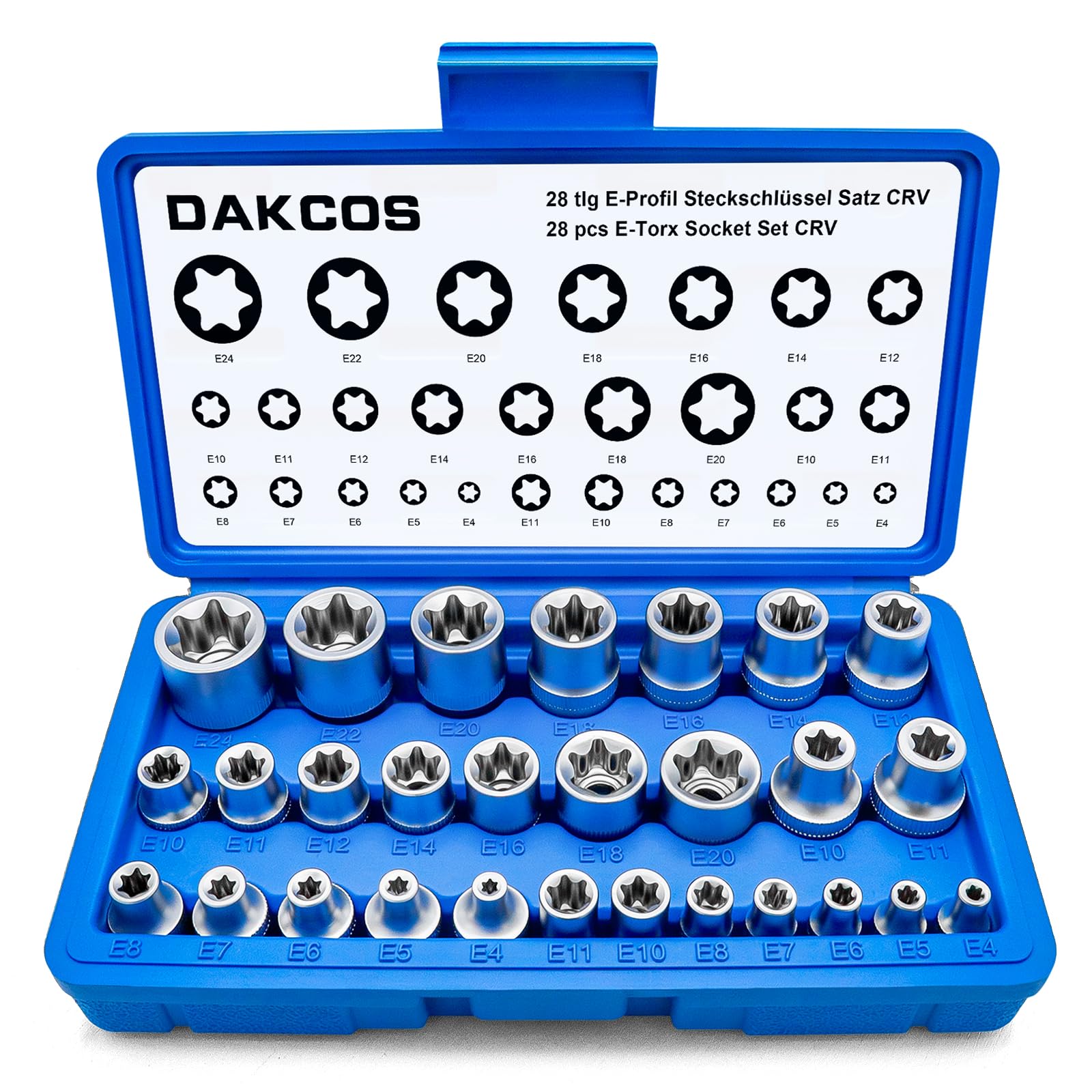 DAKCOS 28pcs External Torx Socket Set, 1/4" 3/8" and 1/2" Sockets: E4-E24