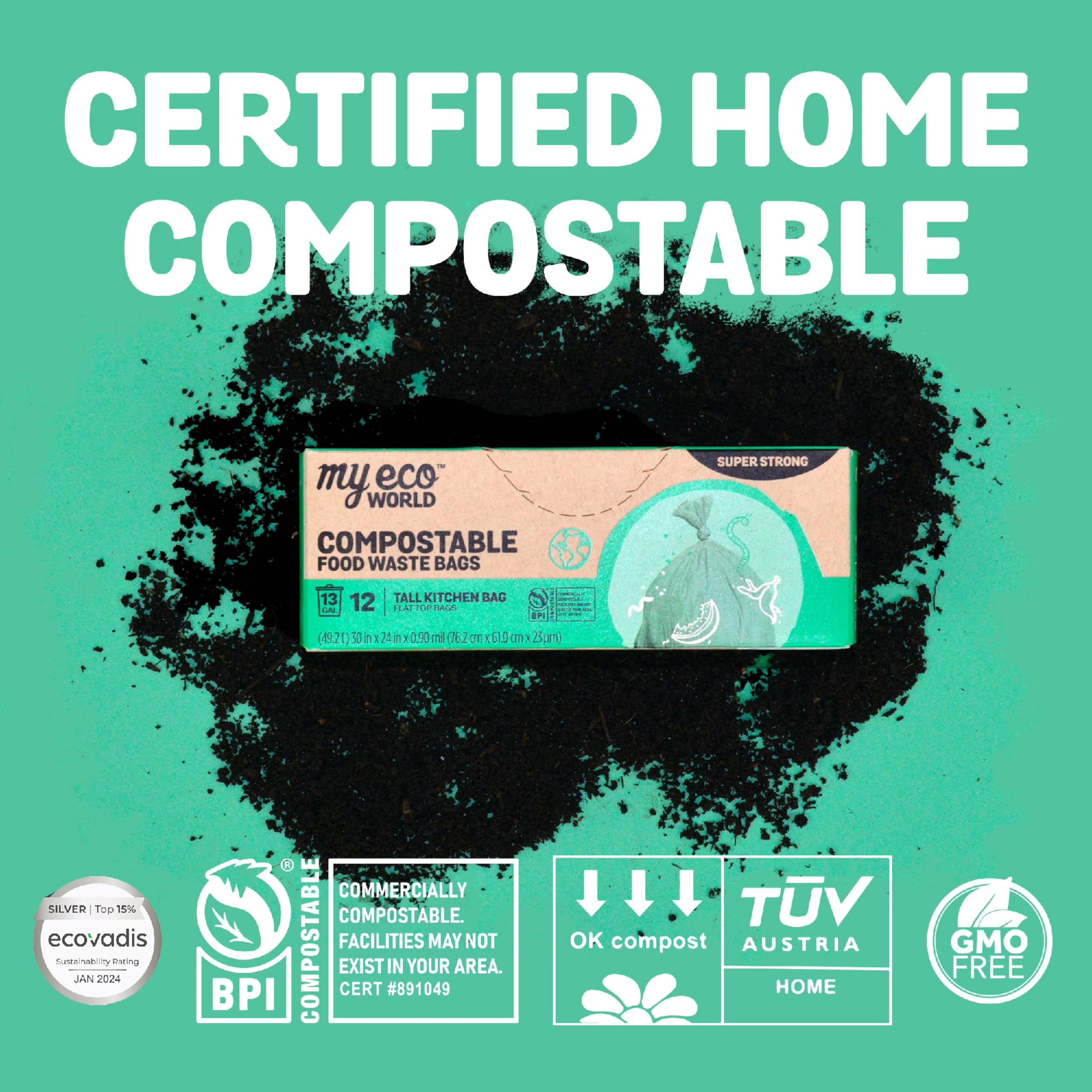 Bolsa compostable para residuos de alimentos, 48 unidades, 100% compostable con certificación BPI, cumple con AS5810 y EN13432, grande, 13 galones, súper fuerte, impermeable, sin perfume,