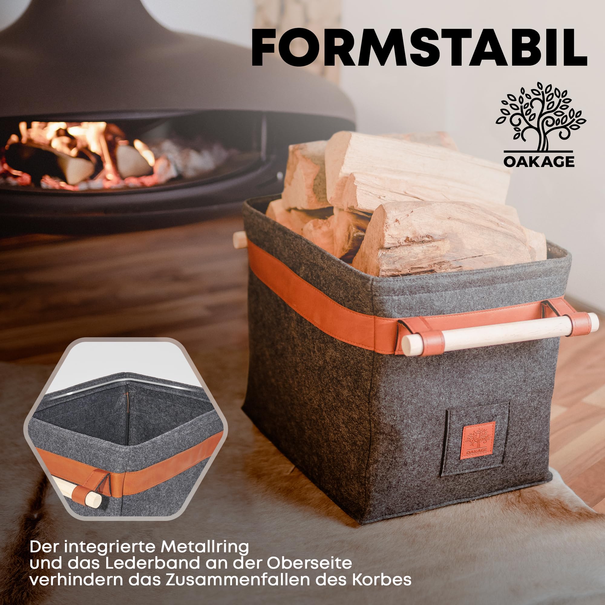 OAKAGE® Holzkorb für Kaminholz Groß [Integrierter Metallrahmen für Zusatzstabilität] Kaminholzkorb Filz Feuerholzkorb Brennholzkorb Kaminkorb Filzkorb | Korb Dunkelgrau