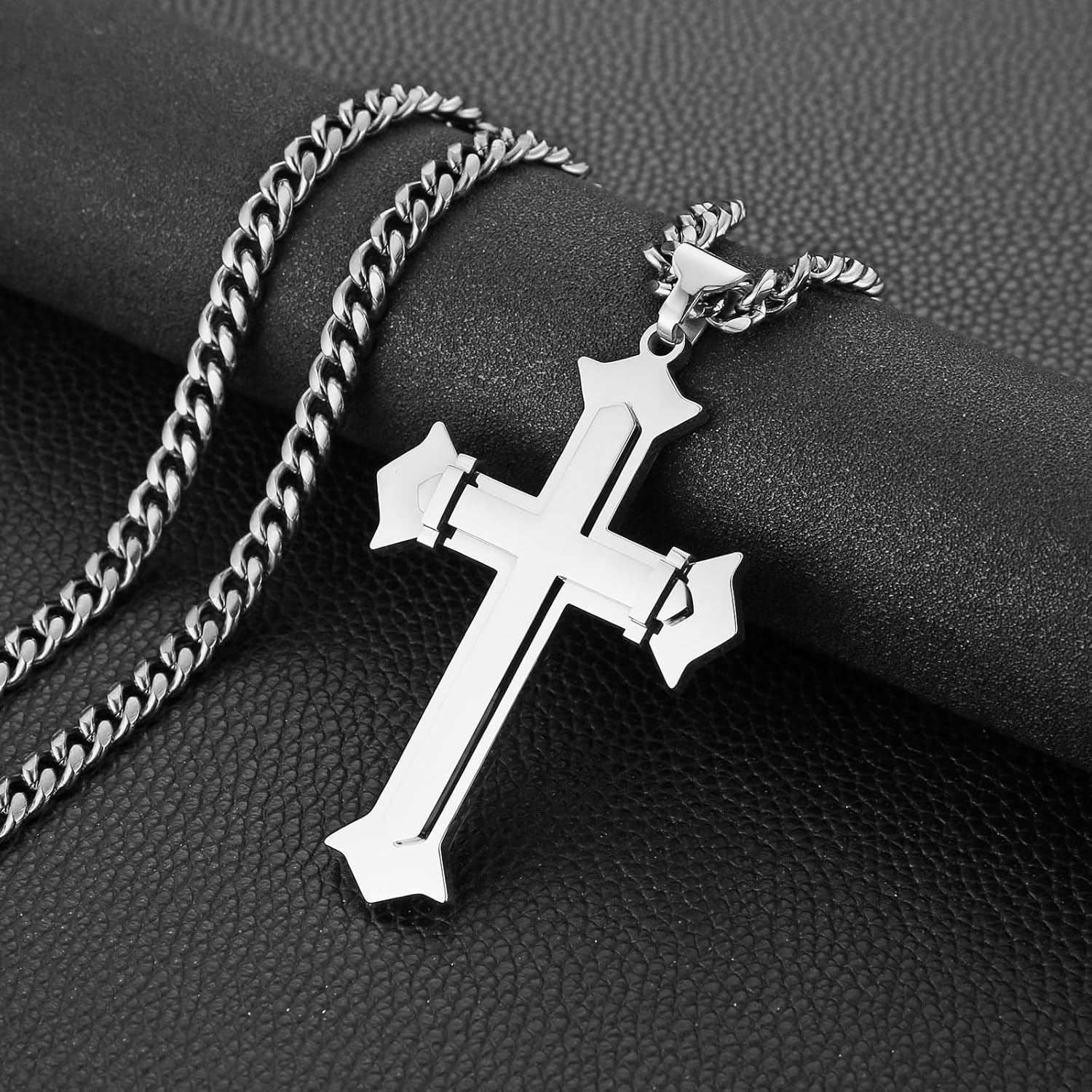 HZMAN Large Cross Necklace for Men High Polished Stainless Steel Heavy Oversize Cross Pendant Christian Faith Jewelry Gift 7mm Cuban Chain - Image 3