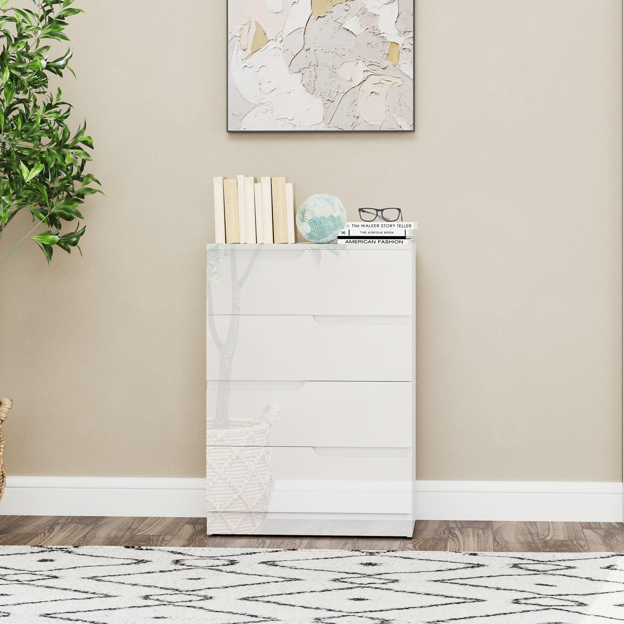 HOMCOM Cassettiera Camera da Letto con 4 Cassetti, Comò Camera da Letto in Legno, per Soggiorno Corridoio Ingresso, 60x40x85 cm, Bianco Lucido