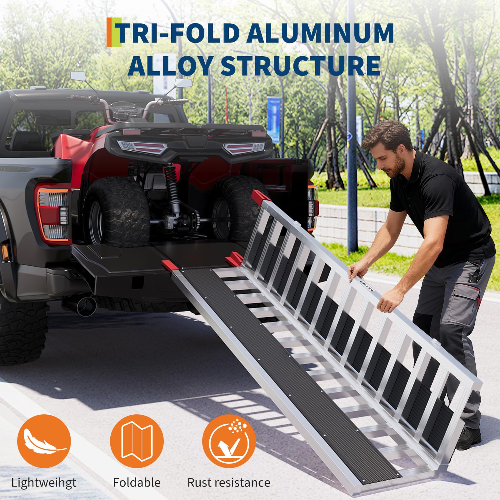 Garvee Rampa Plegable Aluminio 6061 3 Secciones 680 kg | Rampa aluminio 6061 plegable 3 secciones. Capacidad 680 kg, con funda de goma roja. Para carga de moto y vehículos.