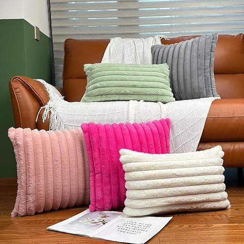 Miniatura 5 de Juego de 2 fundas de almohada de 12 x 20 pulgadas, fundas decorativas de piel sintética para cama, funda de almohada suave y esponjosa con respaldo