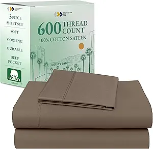 California Design Den Twin Bed Sheets 100% Cotton, 600 Thread Count Sateen, Soft, Cooling Brown Twin Sheet Set, Hotel-Quality Bedding with Deep Pockets (Mushroom - Taupe Brown)