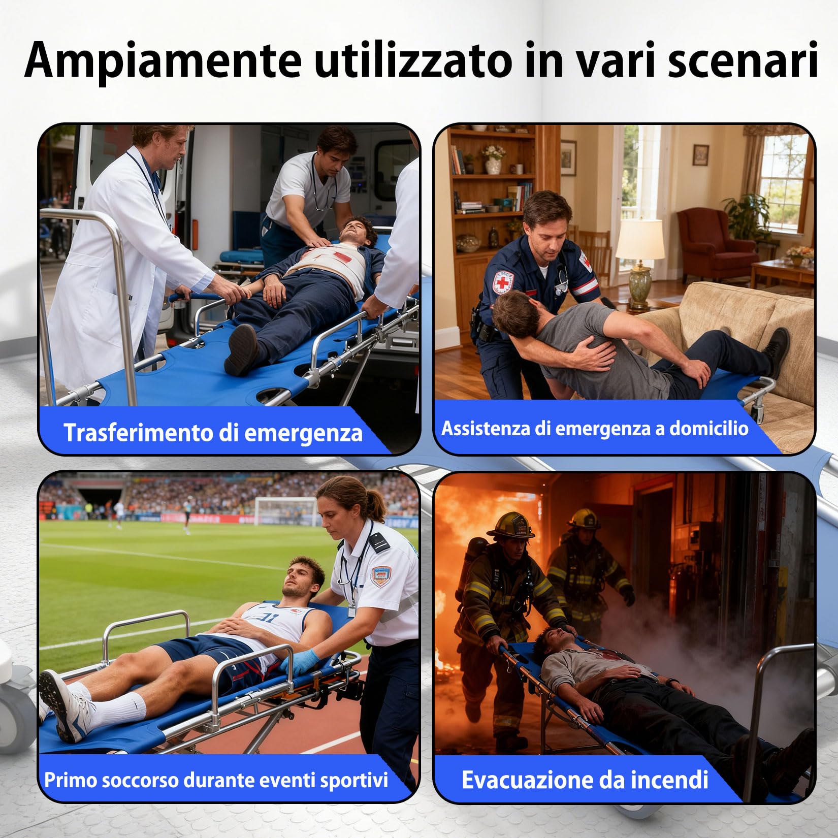 Barella di Salvataggio,Barella Pieghevole Portatile con 4 Ruote e Cintura,Asta Push-pull,Piegabile in 2,per Trasporto Paziente da Viaggio Medico di Emergenza capacità di Peso 350 Libbre
