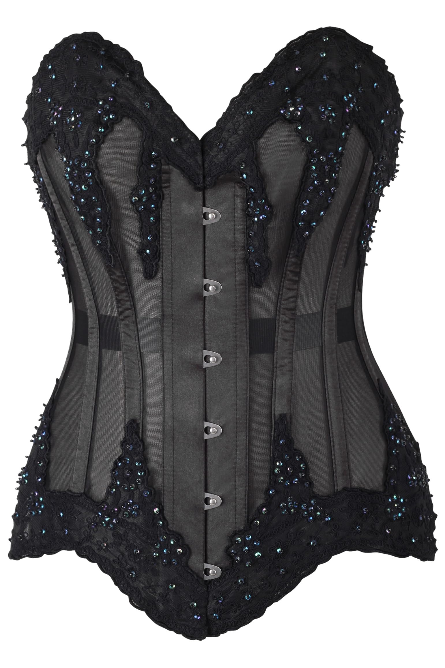 Daisy corsets womens Daisy Corsets Top Drawer Sheer Black Mesh Beaded Steel Boned Overbust Corset