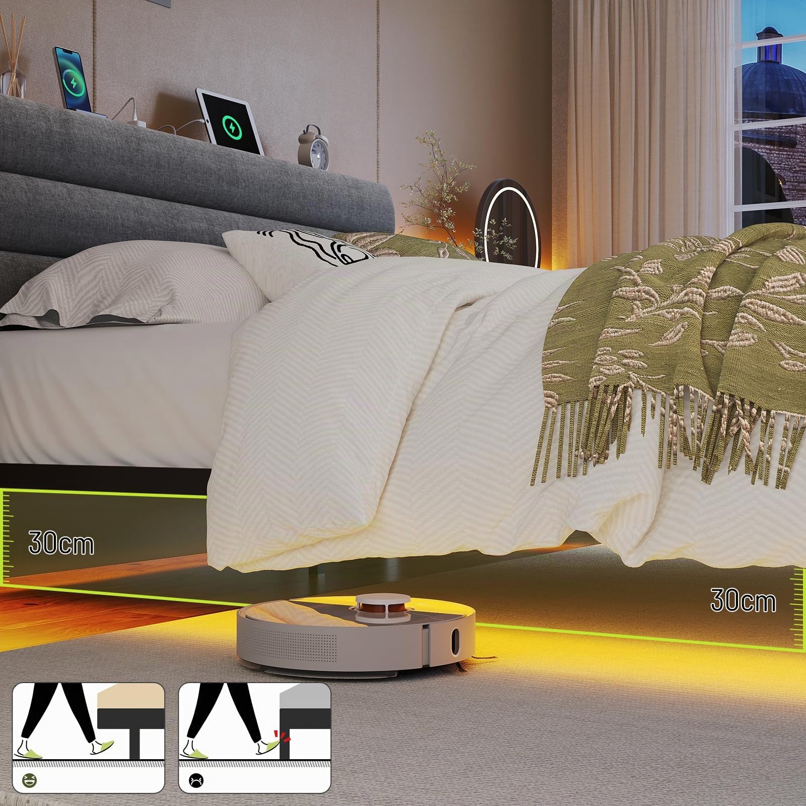 Letto Sospeso 160 x 200 cm con Luci LED, Testiera Contenitore con Stazione di Ricarica, Letto Piattaforma Imbottito con Struttura in Metallo Rinforzata, Grigio Scuro
