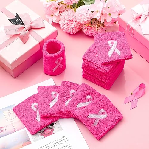 Miniatura 7 de Leyndo 100 muñequeras de cinta rosa para concientización sobre el cáncer de mama, muñequeras para gimnasia, deportes, muñequeras de algodón,