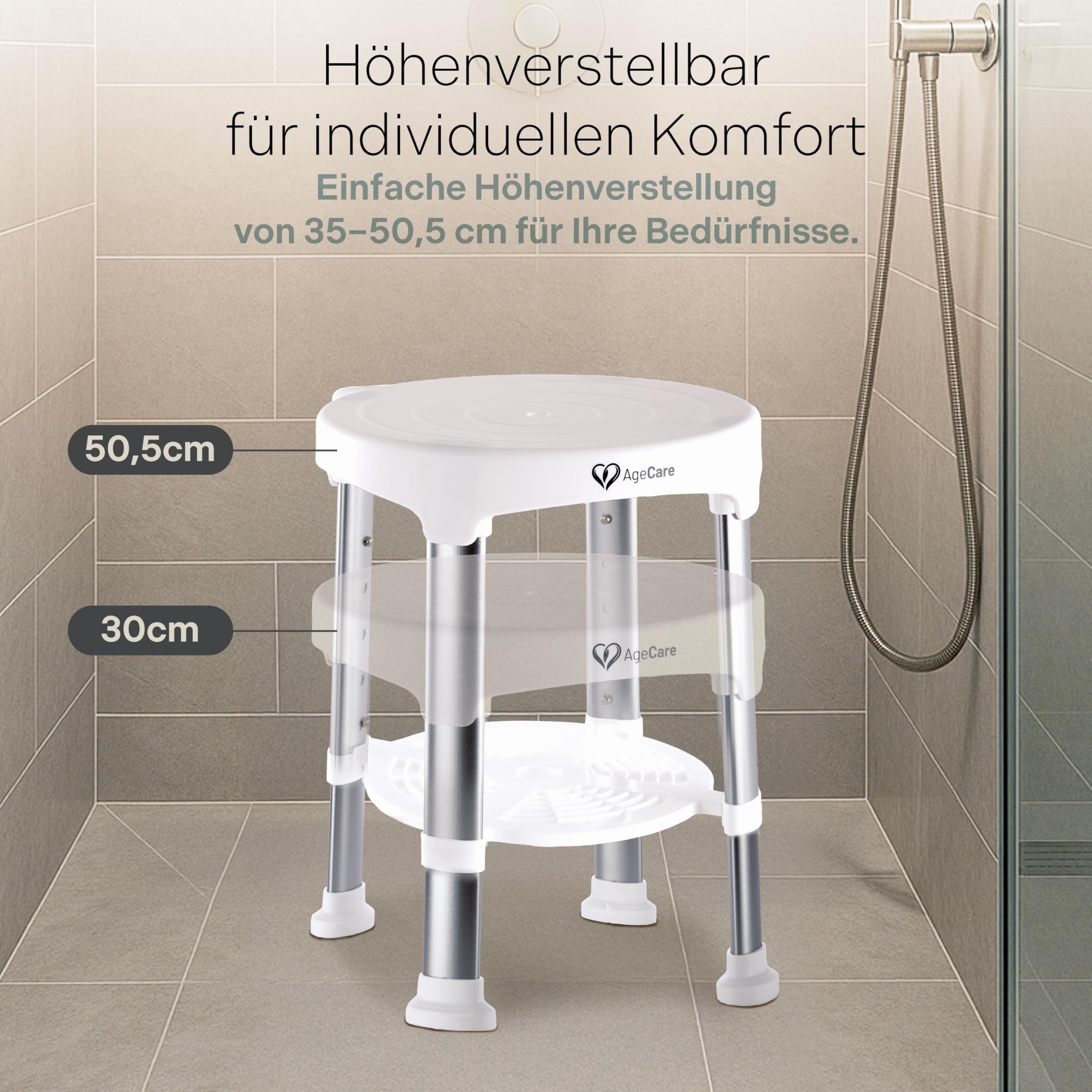 Duschhocker für Senioren & Erwachsene | Höhenverstellbar | Leichter Badhocker rutschfeste Gummifüße Duschstuhl bis 130KG Belastbar | Duschhilfe