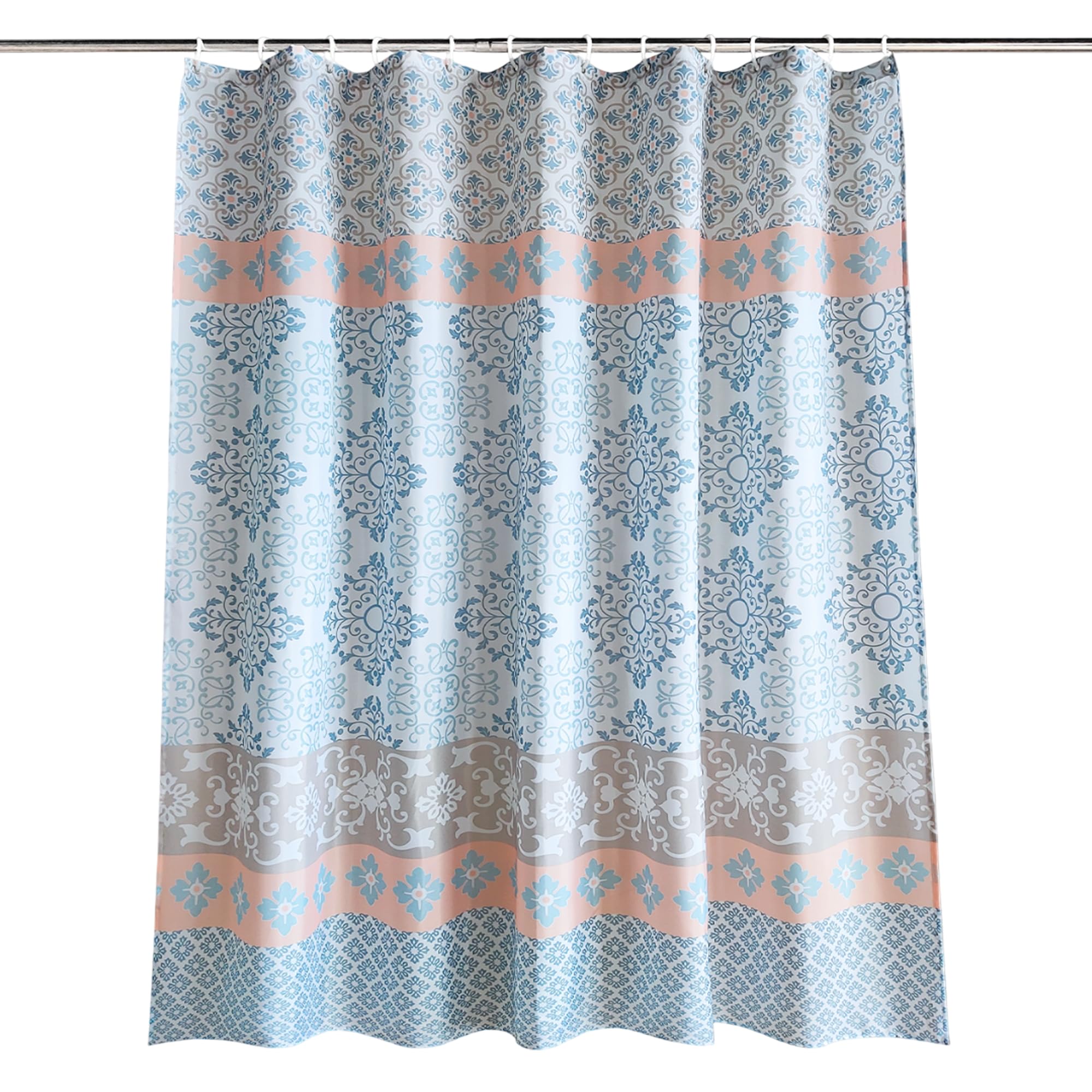 WedDecor Bathroom Shower Curtain Waterproof Anti Mould Mildew Resistant, Heavy Duty 100% Polyester Fabric Curtains Liner with 12 Curtain Hooks, 180cm x 180cm, White, Blue & Peach