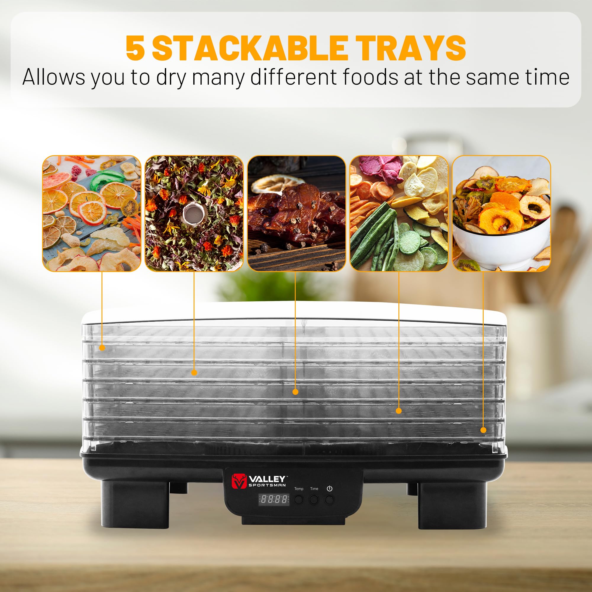 Valley Sportsman Food Dehydrator Machine, 6 Stackable Trays, Jerky Dryer, with Digital Adjustable Timer & Temperature Control, Electric Food Preserver for Fruits, Veggies, Meats & Dog Treats