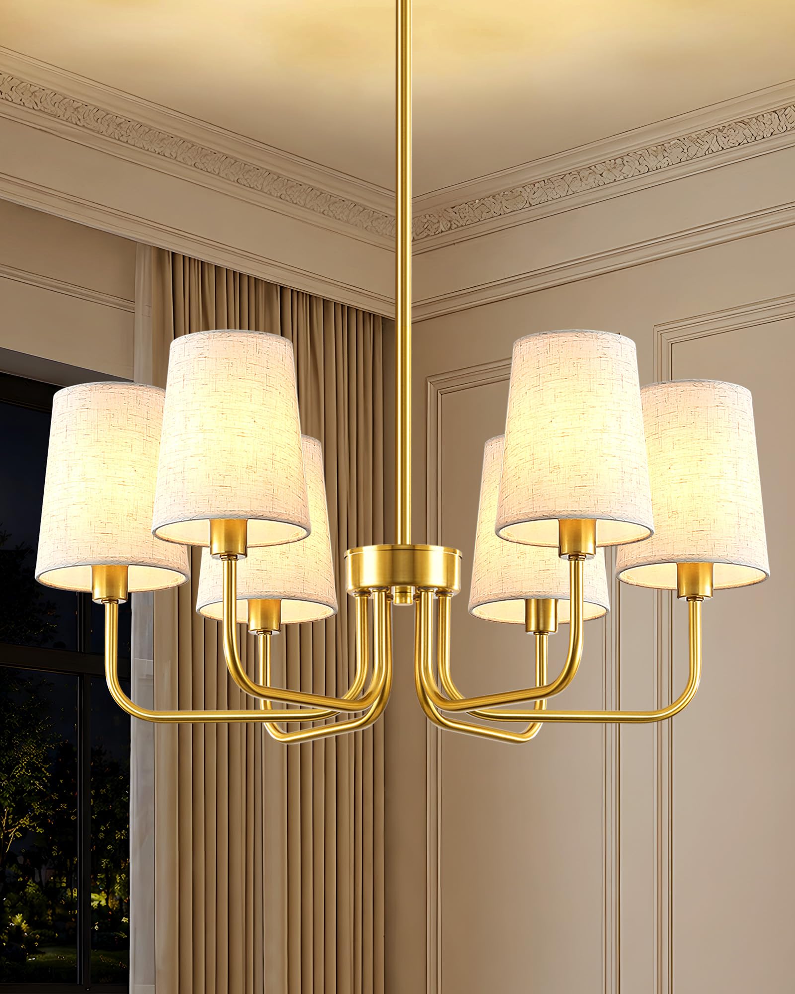 Photo 1 of Yunnix 6-Light Gold Chandelier for Dining Room, Modern Chandelier Light Fixture with White Linen Shades, UL Listed Farmhouse Brass Chandeliers for Living Room Kitchen Bedroom Entryway Foyer